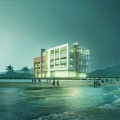 Visualization of hotel by the sea, night view