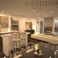 Kitchen Rendering looking out at downtown Denver