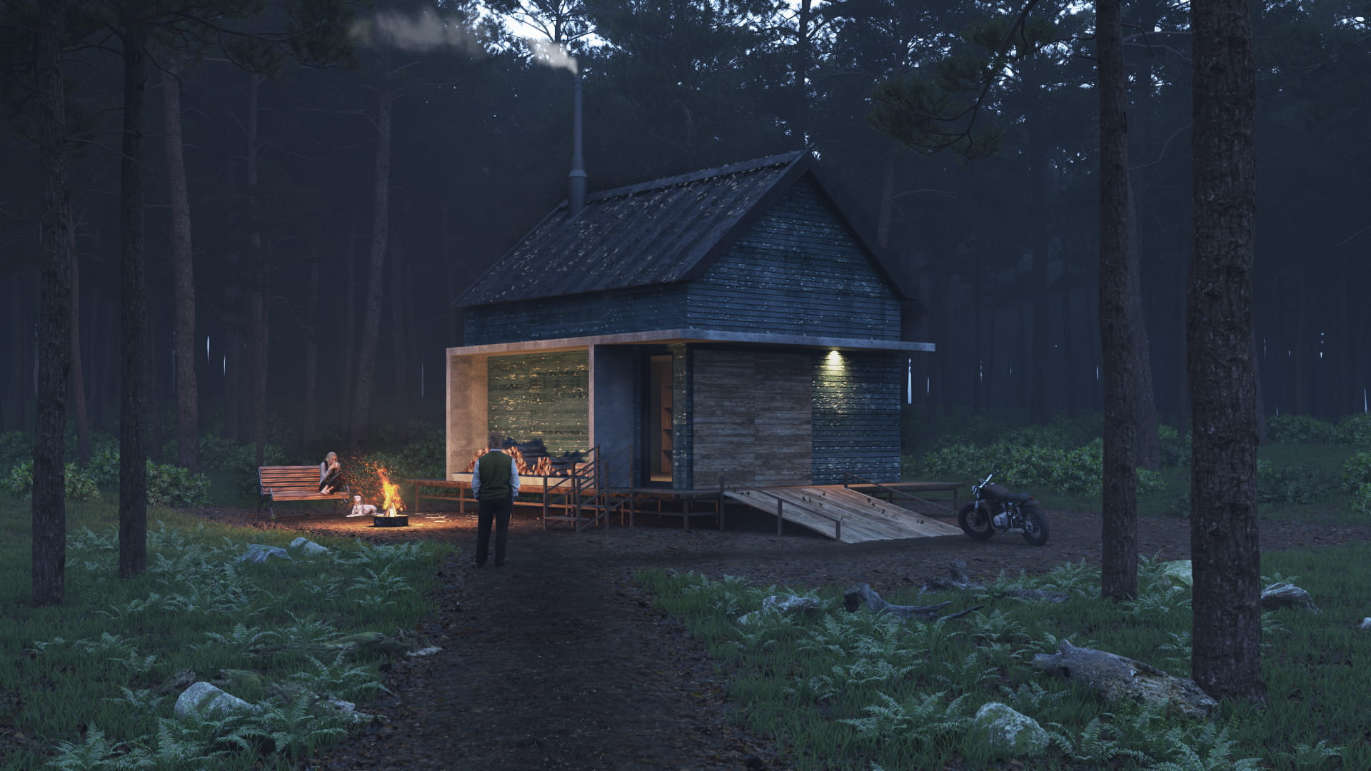 forest-cabin-house-night-view