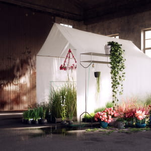 Hut, flowers and trees...