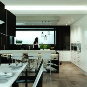 Dining room and B&amp;W kitchen