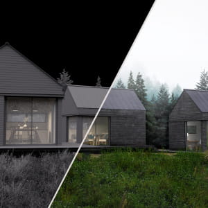 Black wooden house in the forest