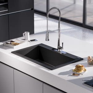 Kitchen sinks and faucets, CGI.