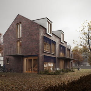 Keeping it real with autumn vibes: Exterior visualization of a charming rust-red brick house