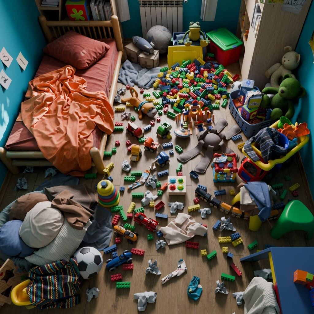 Cluttered children's room scene used for small-object and occlusion coverage