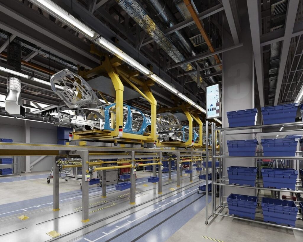 Manufacturing hall with conveyor and racks