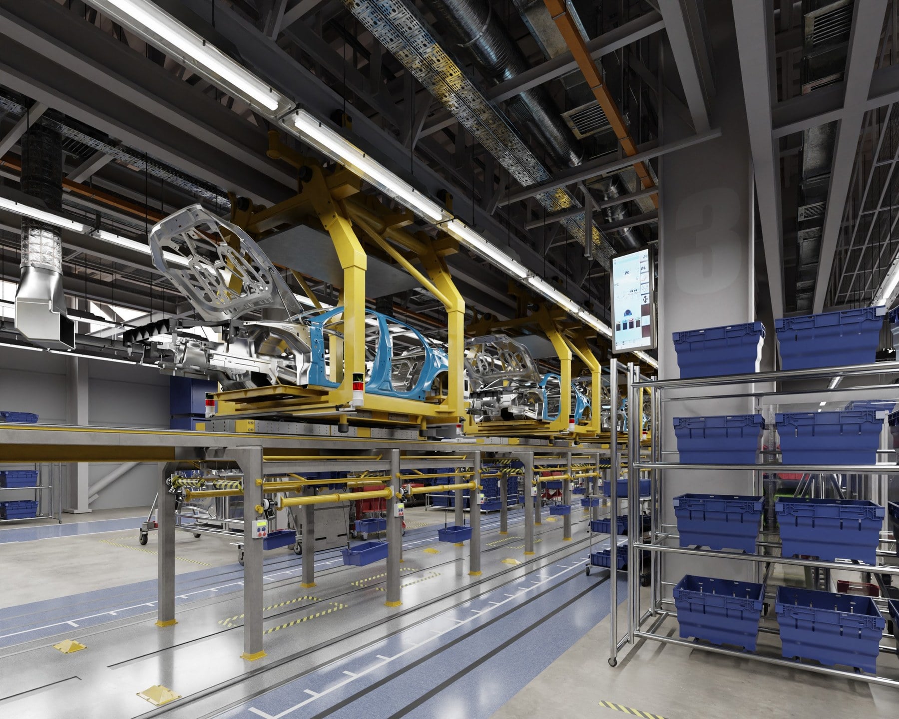 Industrial hall with overhead crane rails