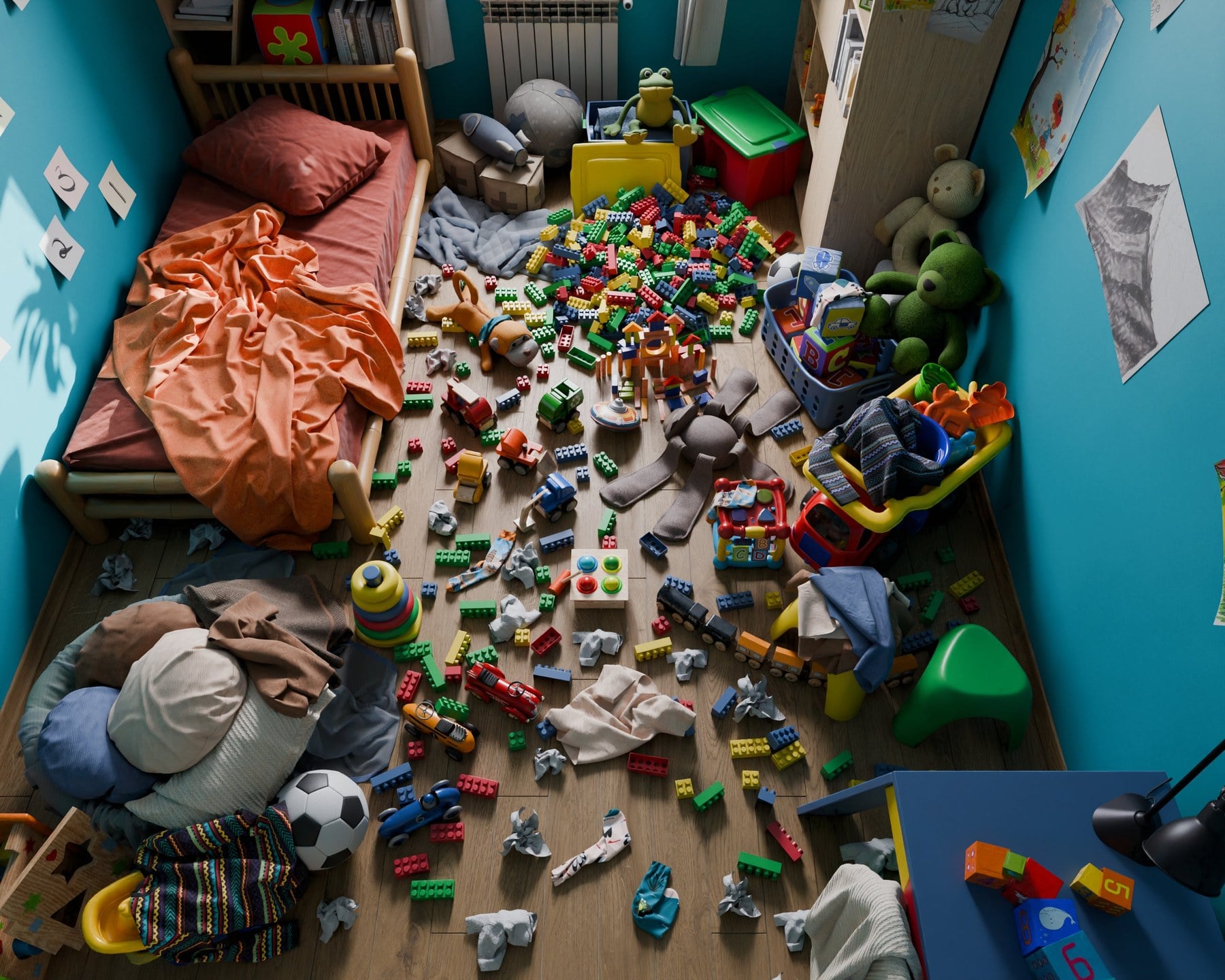 Cluttered children’s room seen from above