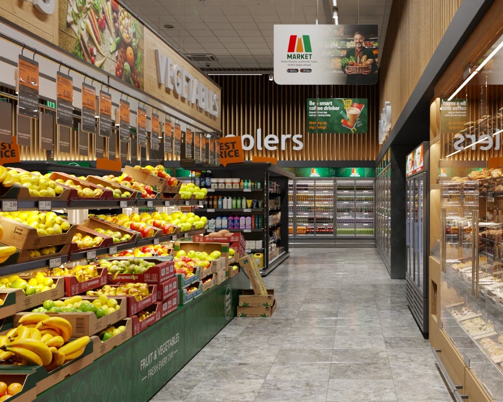 Retail store interior with stocked shelves and refrigerated cabinets