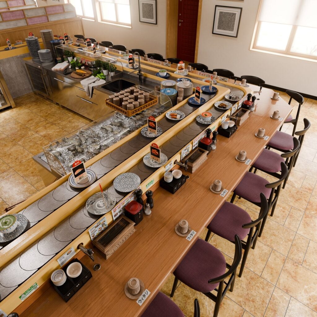 Sushi bar interior with counter seating