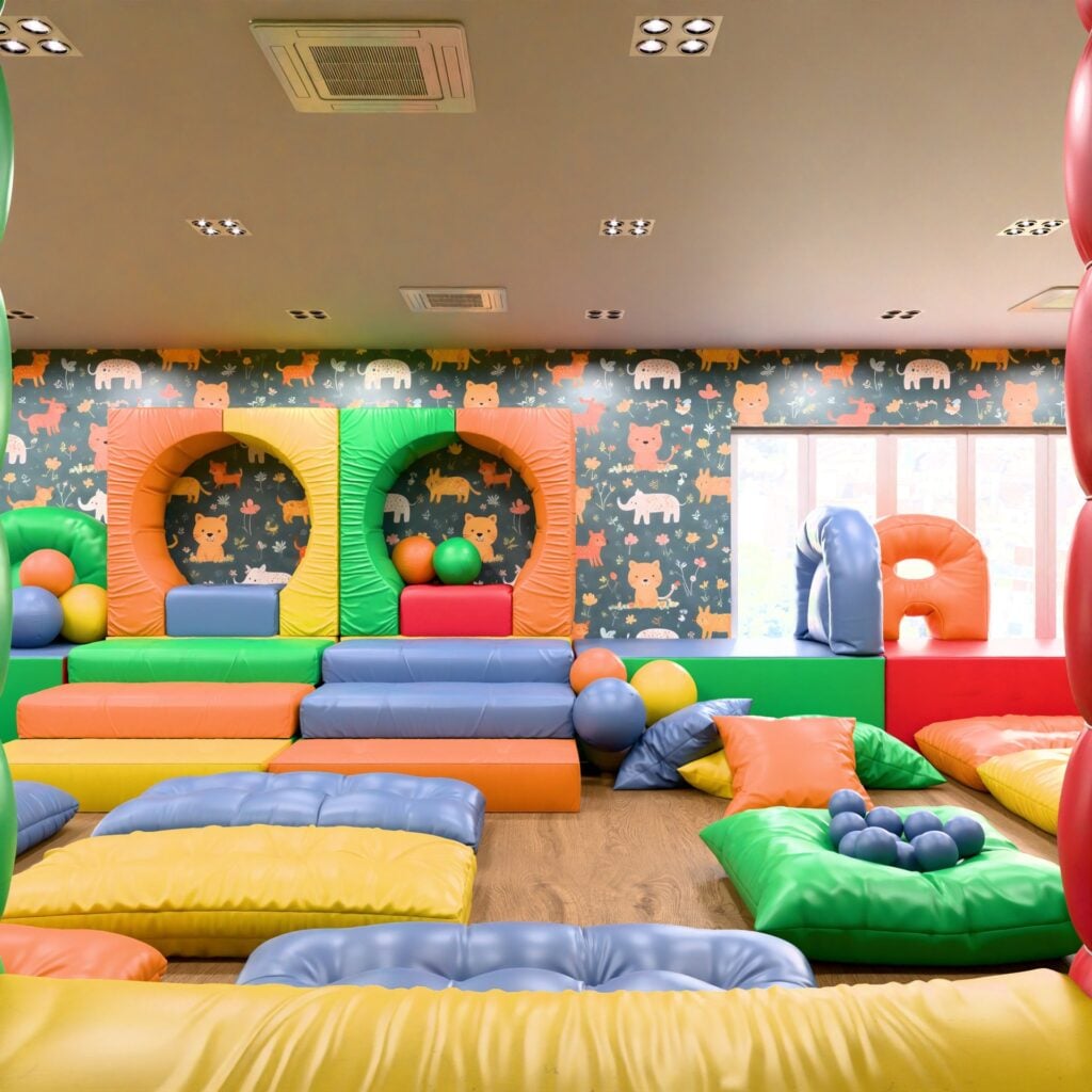 Colorful indoor playground with soft padded equipment