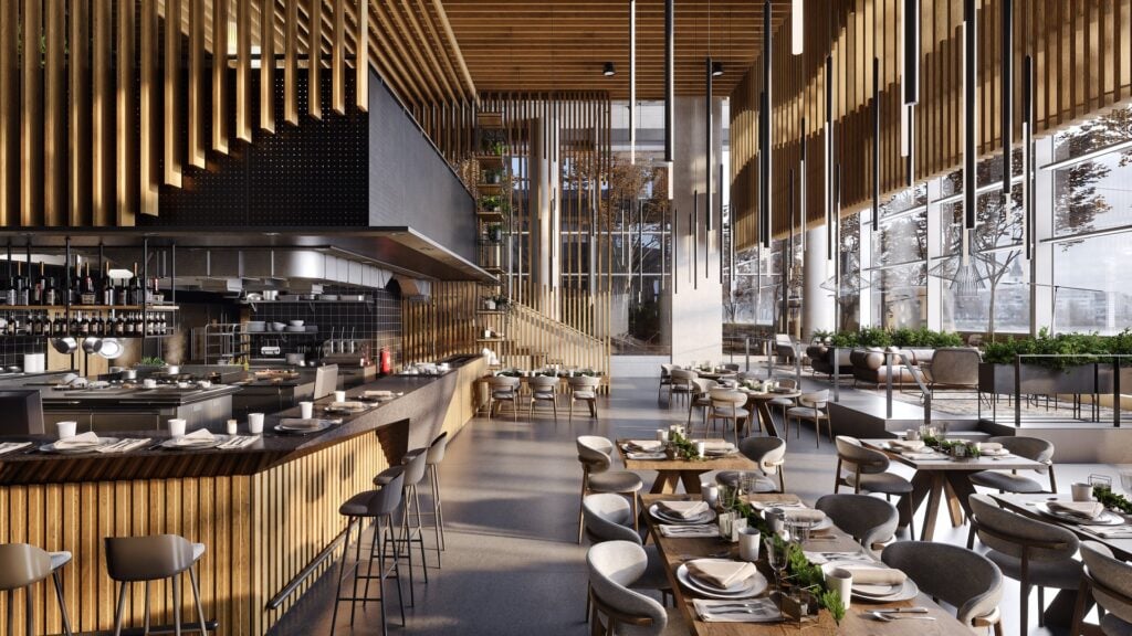 Photorealistic restaurant interior with warm wood panelling