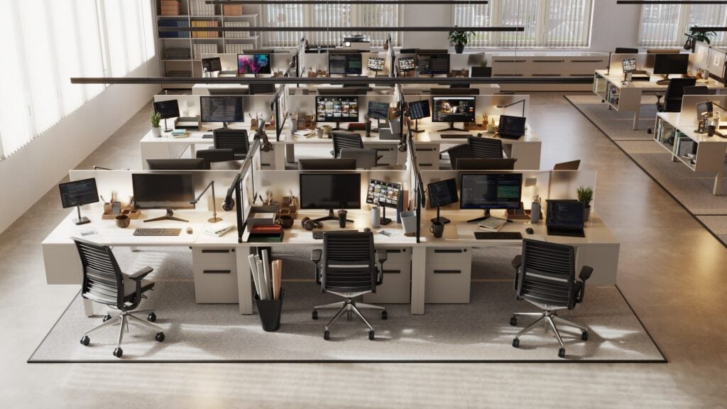 Open-plan office workstations seen from above