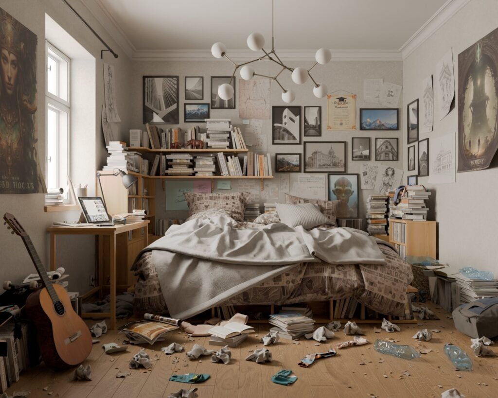 Abandoned attic interior with covered furniture