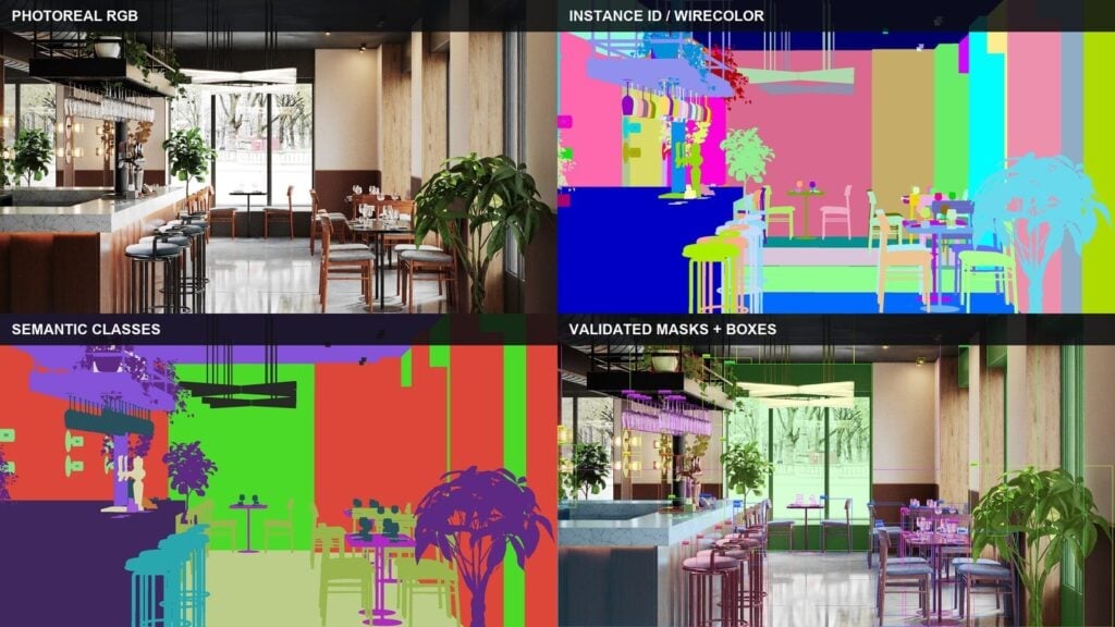 Overview of RGB, semantic classes, instance IDs and validated masks for one frame