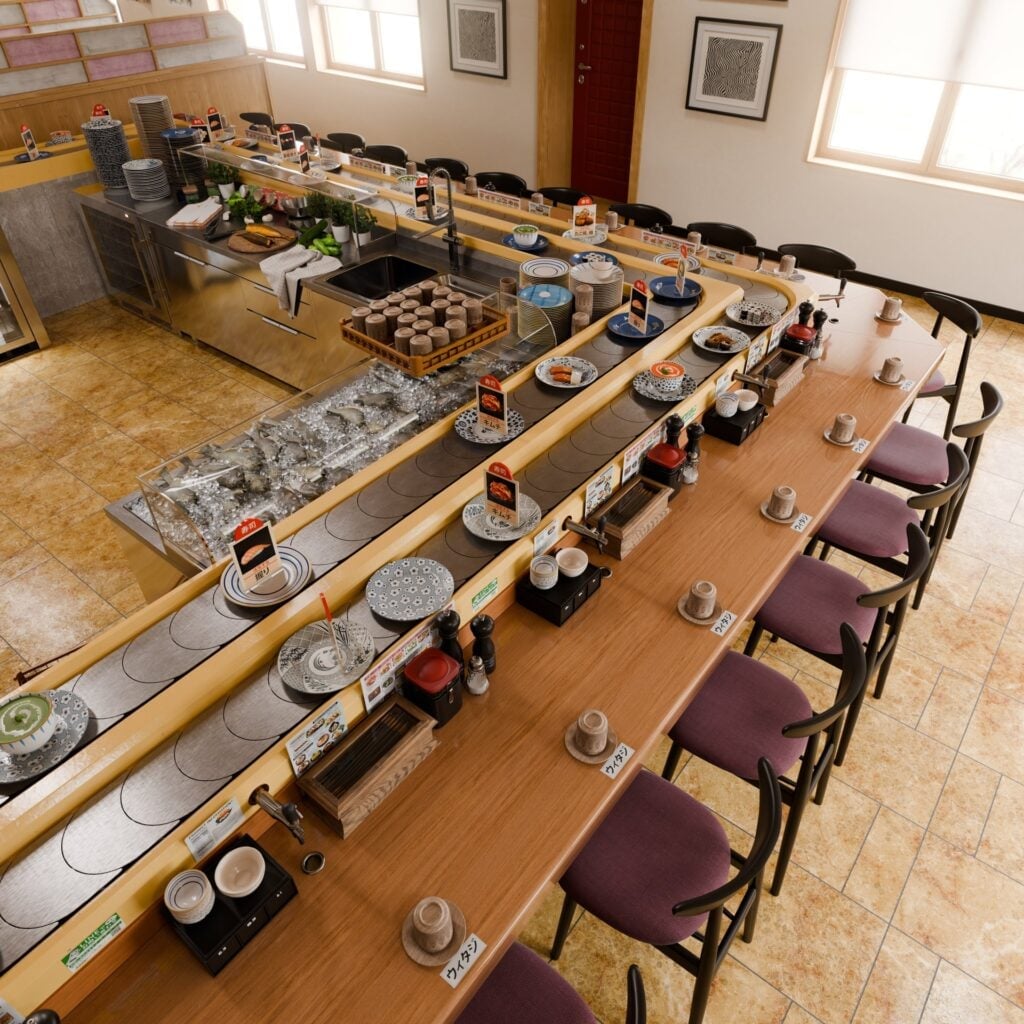 Sushi bar interior with counter seating