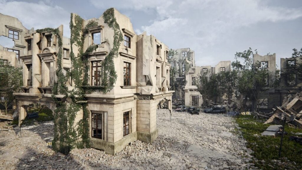 Damaged building exterior with debris