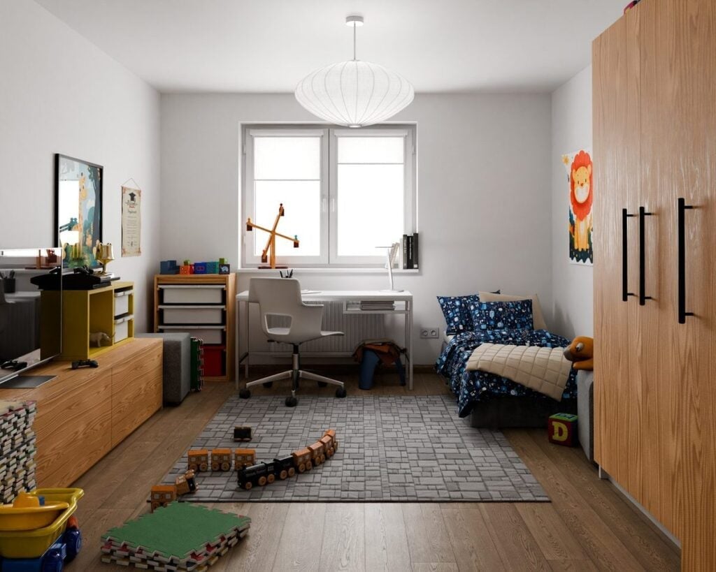 Child's bedroom with desk and toys