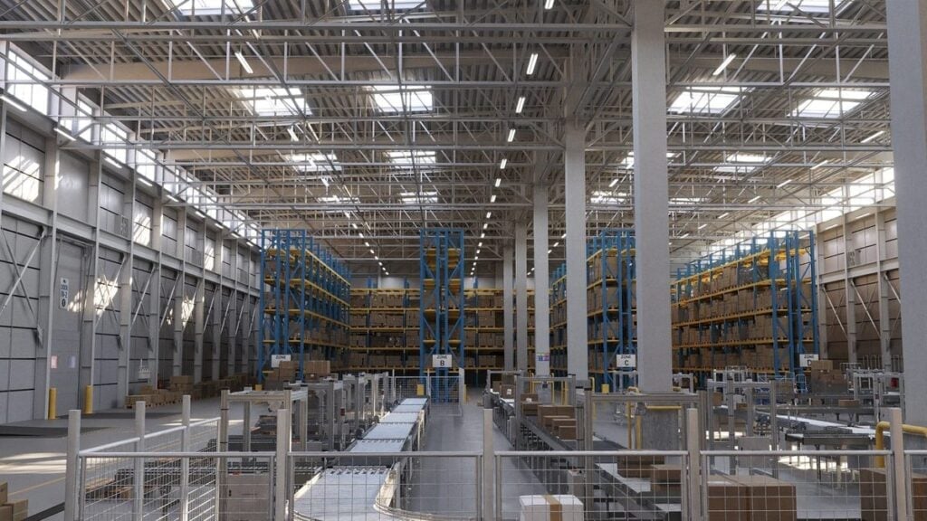Warehouse racking aisle with pallets